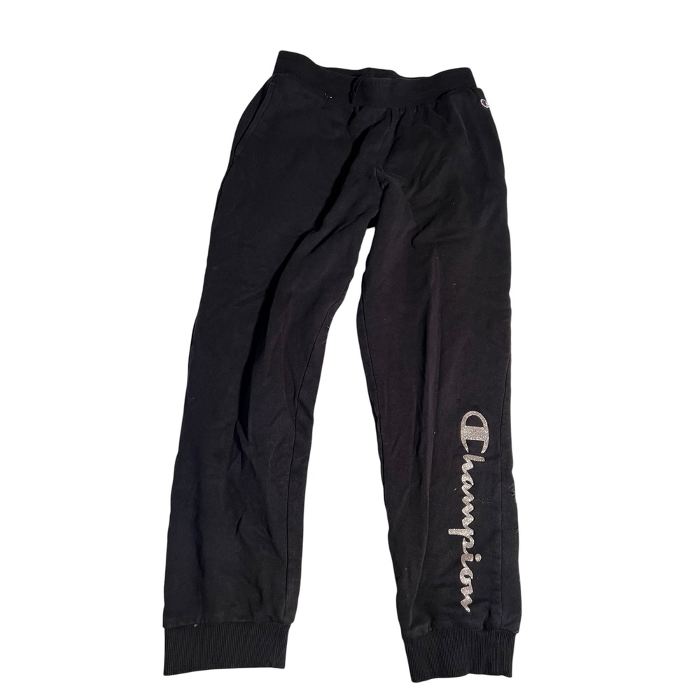 Champion Girls Sz Large 14 Sweatpants Black Silver Metallic Glitter Spellout Leg
